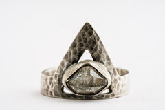 Raw Herkimer Diamond Silver Ring shown on white background with triangular sterling silver setting and clear crystal point.