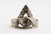 Raw Herkimer Diamond Silver Ring shown on white background with hammered sterling silver band and clear Quartz crystal.