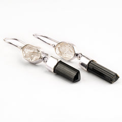 Matching Raw Black Tourmaline Sticks & Herkimer Diamond - 925 Sterling Silver - Dangle Earring
