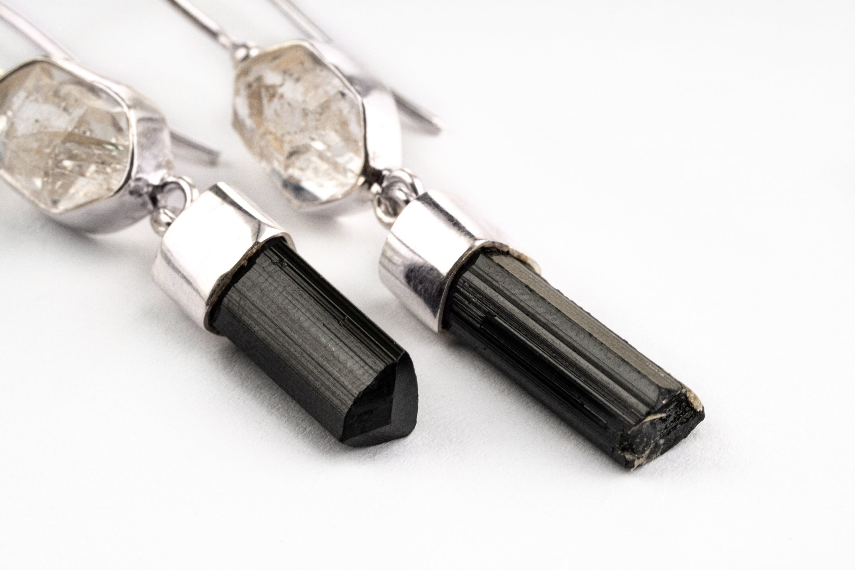 Matching Raw Black Tourmaline Sticks & Herkimer Diamond - 925 Sterling Silver - Dangle Earring