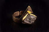 Golden Herkimer Diamond Pyramid Ring shown on black background with 18k gold plated silver and raw Quartz crystal.