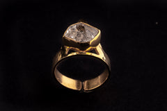 Golden Herkimer Diamond Pyramid Ring shown from the front with raw Herkimer Diamond and warm gold plated silver.