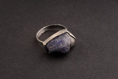 Raw Tanzanite Sterling Silver Ring - Hammered Oxidized Band - US Size 8