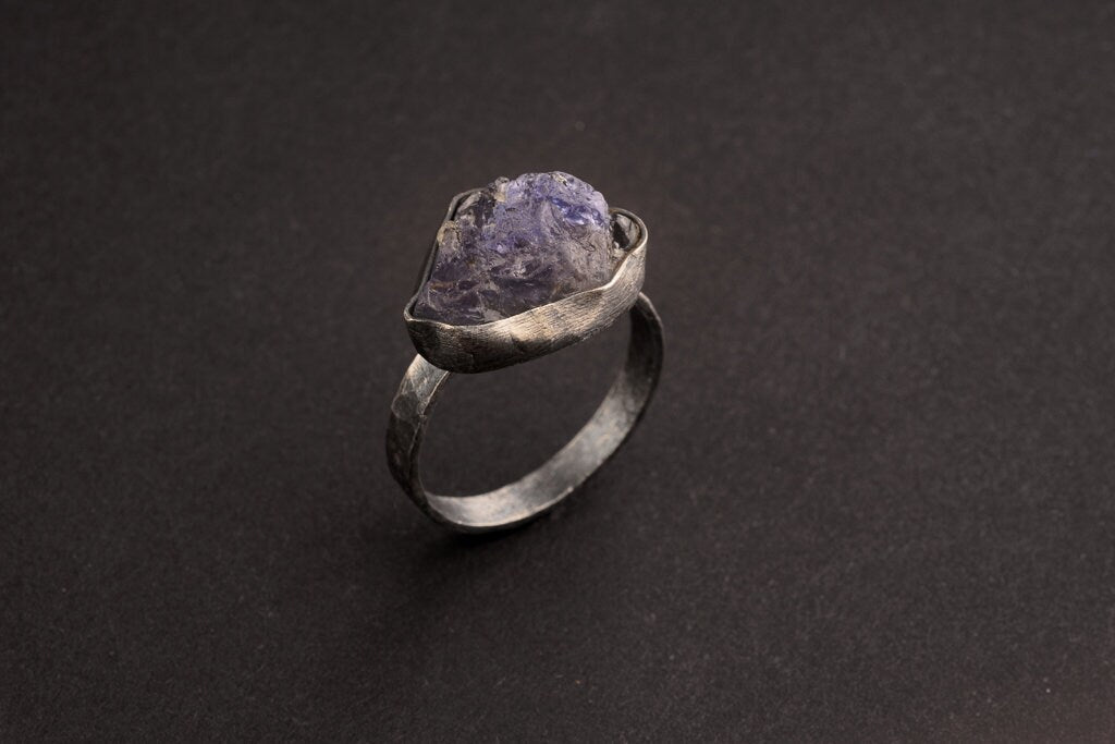 Raw Tanzanite Ring 925 Sterling Silver Hand Hammered Band December Birthstone Throat Third Eye Crown Gift US Size 8