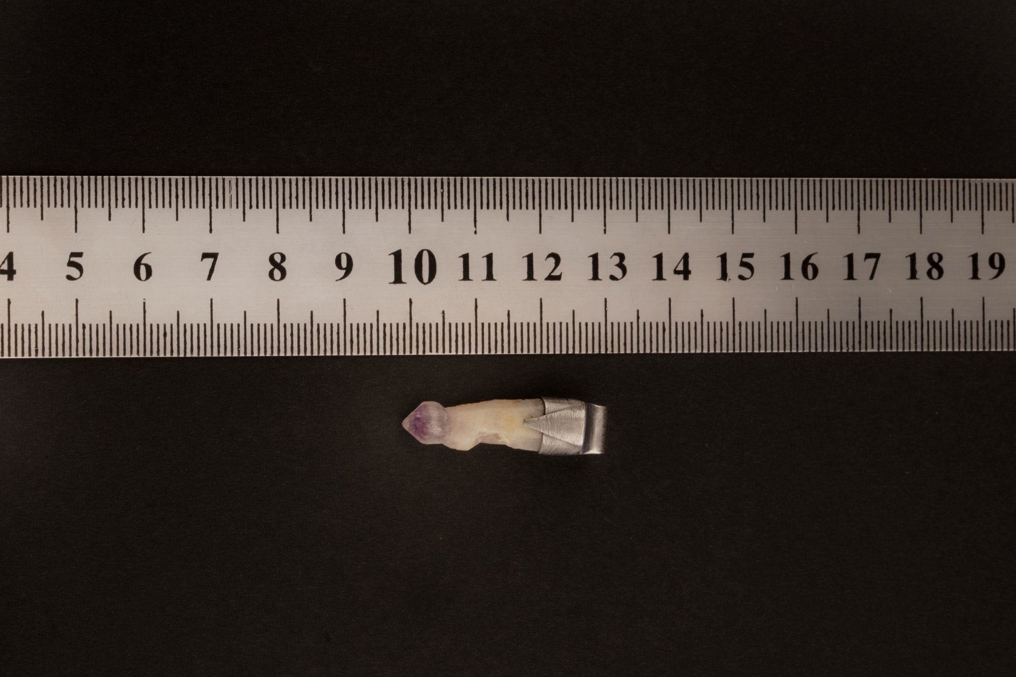 Vera Cruz Amethyst Stack Pendant shown beside a ruler for scale with 2.5 mm tubular bail and oxidized silver cap.