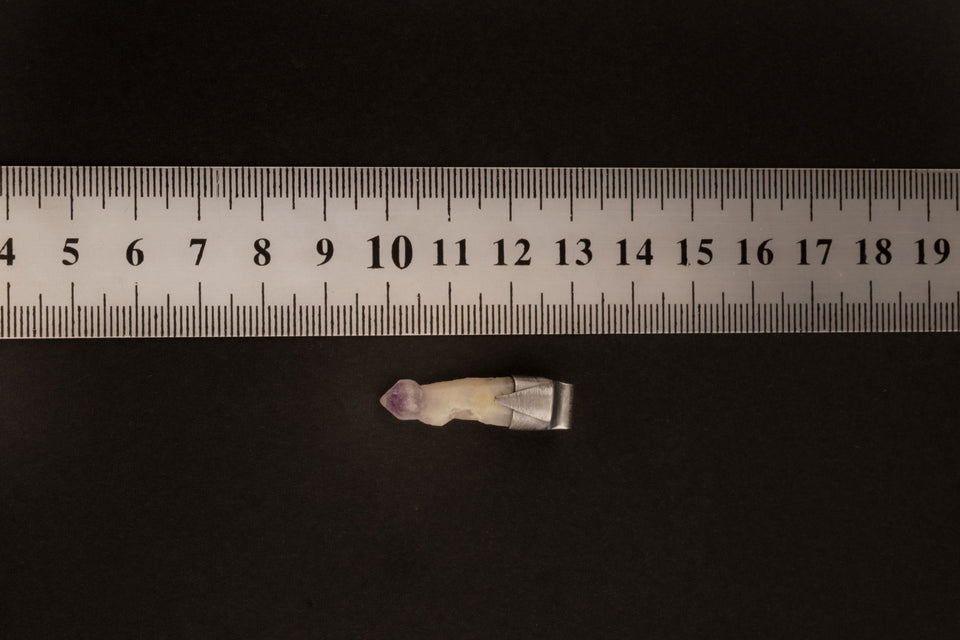 Vera Cruz Amethyst Stack Pendant shown beside a ruler for scale with 2.5 mm tubular bail and oxidized silver cap.