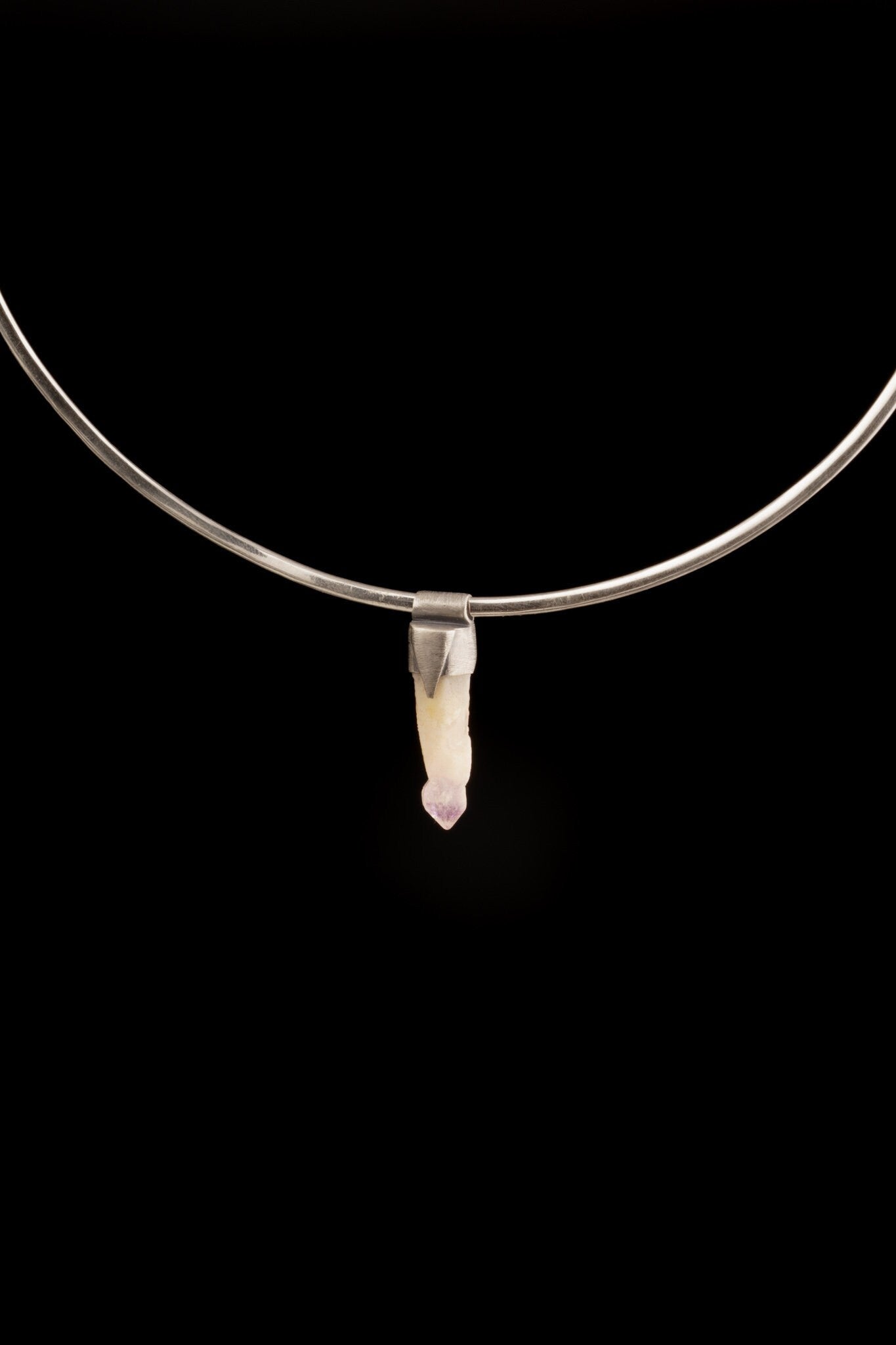 Vera Cruz Amethyst Stack Pendant shown on black background with oxidized sterling silver cap and pale violet crystal.