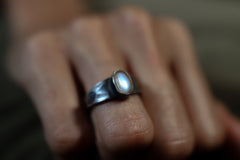Cats Eye Moonstone Sterling Silver Ring - Hammered Oxidized Band