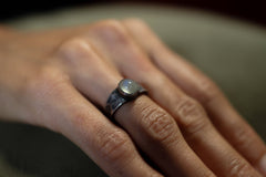 Hammered Cats Eye Moonstone Ring - Oxidized Sterling Silver Band