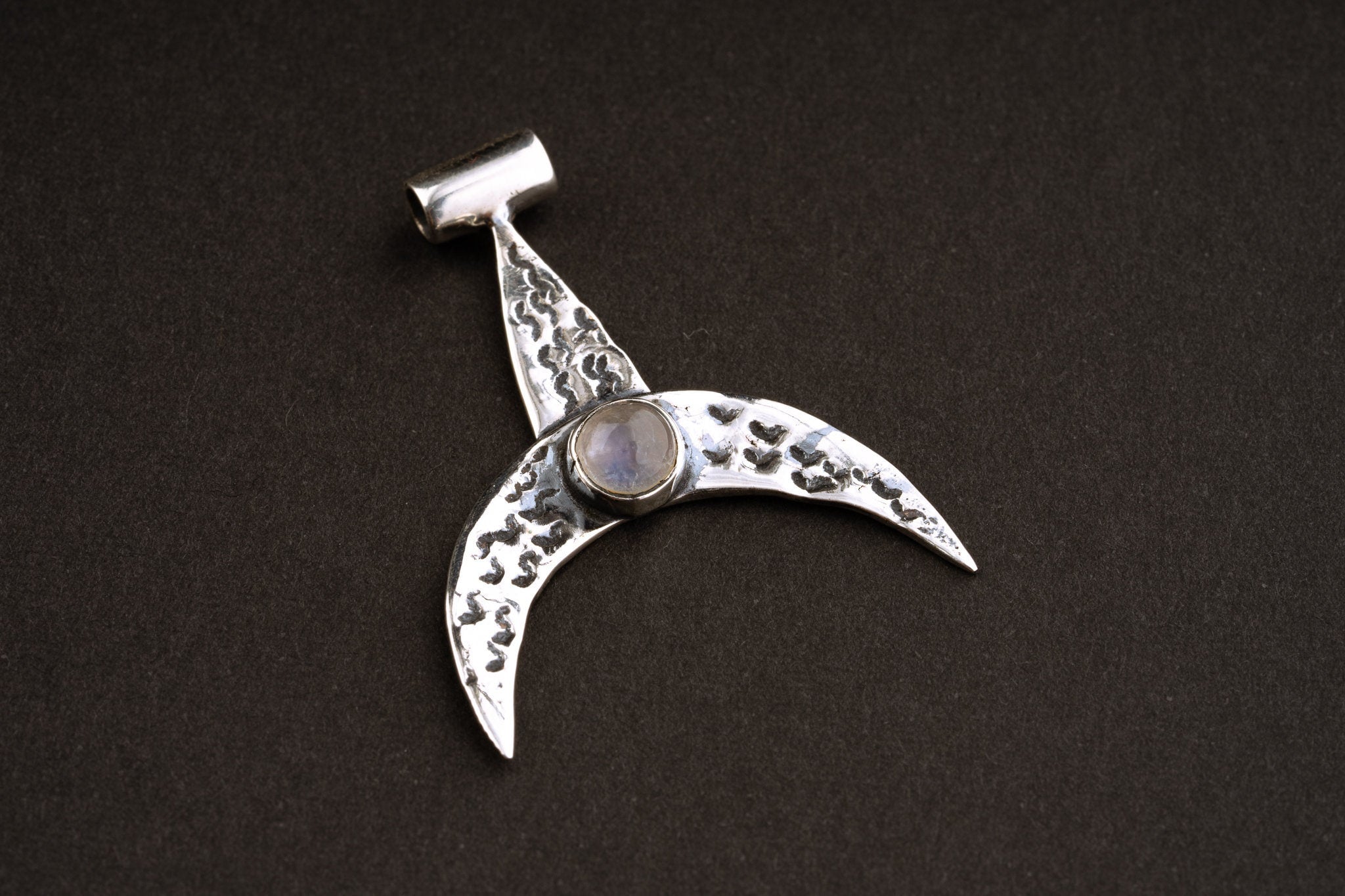 Oxidized Sterling Silver Crescent Moon Pendant: Blue Moonstone, Hemp Cord