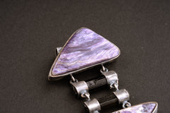 Double AAA Charoite & double natural black Tourmaline sticks - Sterling Silver - Rustic Finish - Pendant