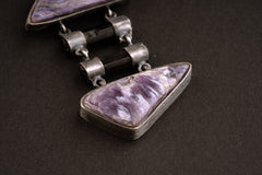 Double AAA Charoite & double natural black Tourmaline sticks - Sterling Silver - Rustic Finish - Pendant