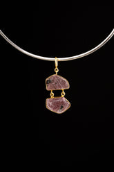Double raw Indian Ruby pendant with mica inclusions and 16k gold-plated sterling silver setting, shown on a dark background.