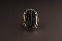 Adjustable Raw Black Tourmaline Ring: Brass & Textured Band