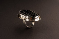 Adjustable Raw Black Tourmaline Ring: Brass & Textured Band