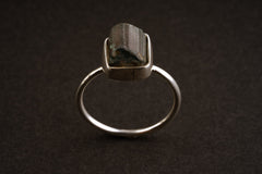 Front view of handmade Watermelon Tourmaline stack ring with raw pink green crystal in a sterling silver setting.