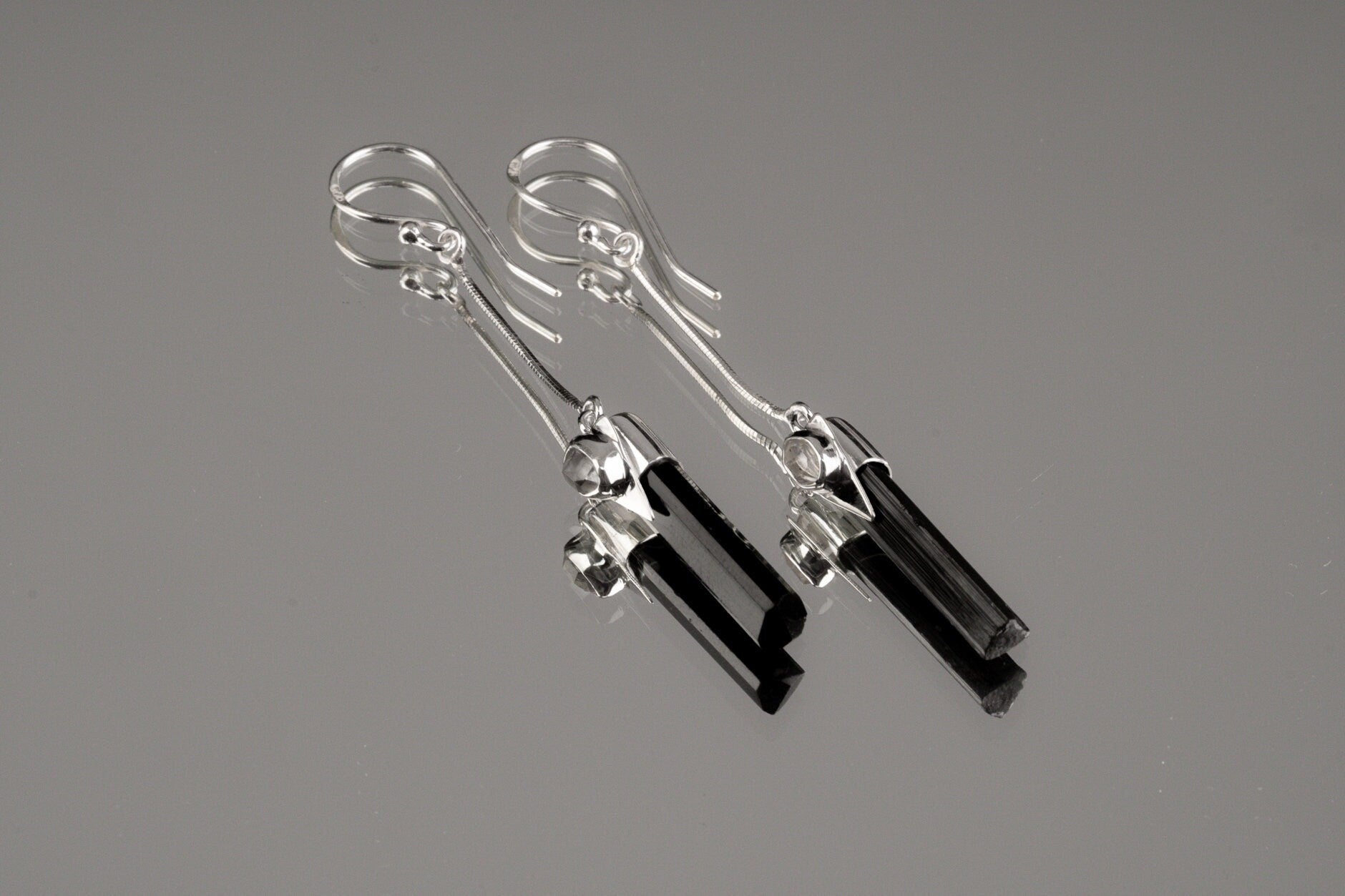 Tourmaline Herkimer Diamond long dangle earring in 925 sterling silver with black crystal and clear quartz detail.