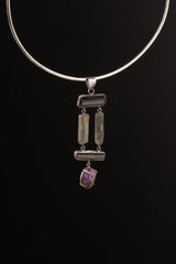 Raw Black Tourmaline Aquamarine Amethyst Sterling Silver Pendant