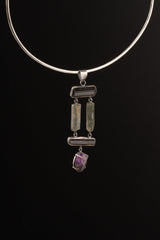 Raw Black Tourmaline Aquamarine Amethyst Sterling Silver Pendant
