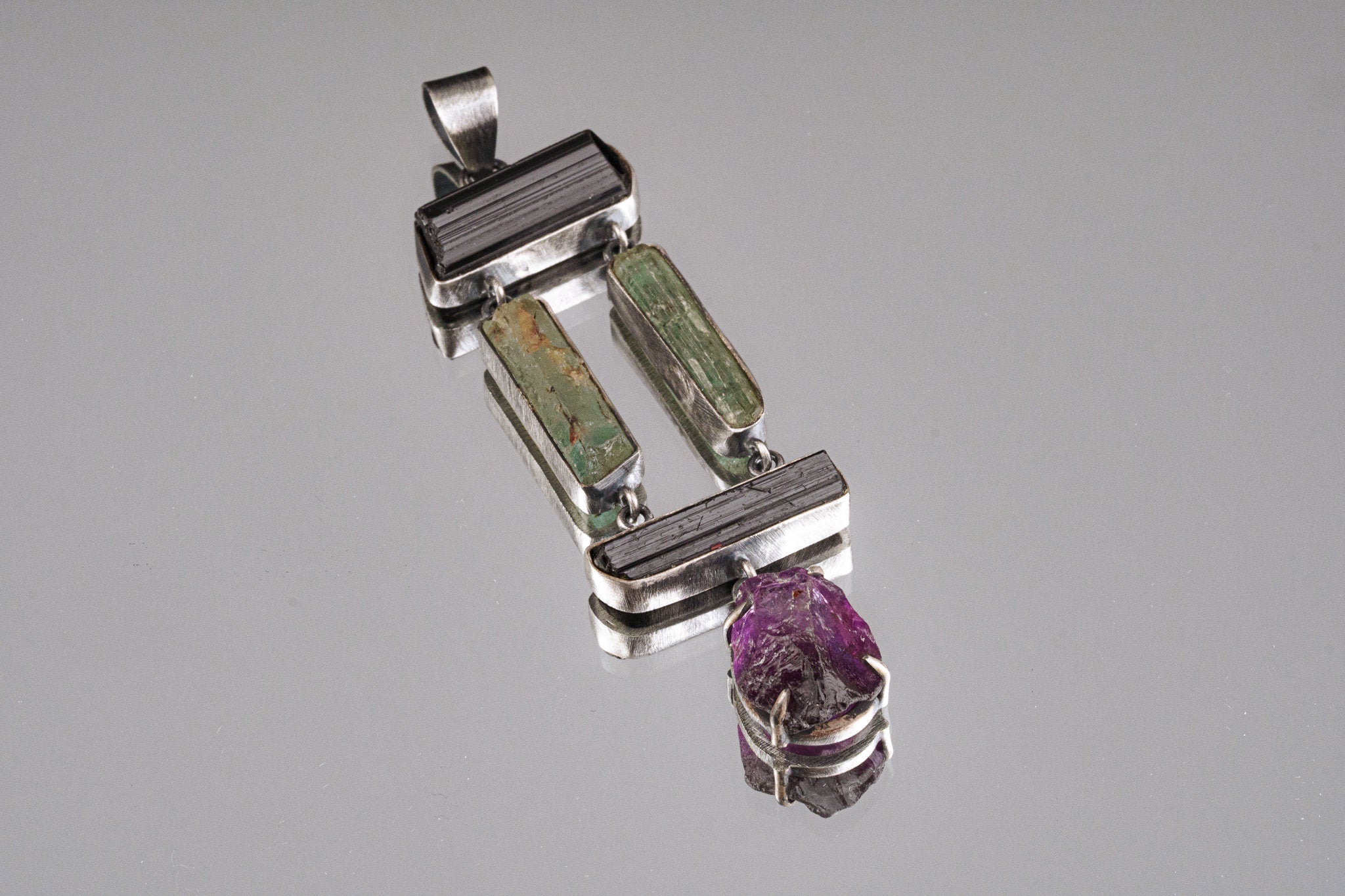 Raw Black Tourmaline Aquamarine Amethyst Sterling Silver Pendant