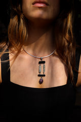 Raw Black Tourmaline Aquamarine Amethyst Sterling Silver Pendant
