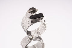 Hammered Sterling Silver Ring: Raw Black Tourmaline & Herkimer Diamond, Adjustable