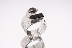 Hammered Sterling Silver Ring: Raw Black Tourmaline & Herkimer Diamond, Adjustable