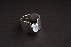 Blue Moonstone Ring 925 Sterling Silver Hammered Wide Band June Birthstone Third Eye Chakra Cancer Libra Gift