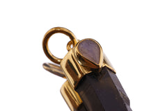 Close-up of Smoky Lemurian Quartz Blue Moonstone pendant showing gold-plated cap and raw lunar accent.