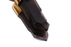 Detailed view of dark Smoky Lemurian Quartz point showing crystal tip and shadowy colour.