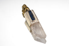 Rooster Twin Quartz Kyanite talisman pendant shown on a white background with clear Quartz point and brass animal spirit figure.