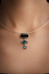 Black Tourmaline Blue Apatite Labradorite Stack Pendant 925 Silver Oxidized Sand Texture Root Throat Chakra Necklace