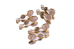 Handmade 18k gold-plated gemstone stud earrings with Rose Quartz, Labradorite, and Moonstone arranged in a three-stone design.