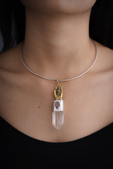 Sun Wukong Buddha Hand talisman shown on a black necklace with Clear Quartz, Amethyst, sterling silver, and brass detail.