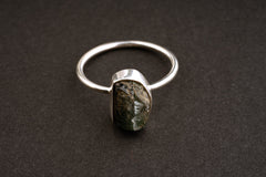 Front view of natural Blue Tourmaline ring with deep blue-green mineral tone in a handmade sterling silver setting.