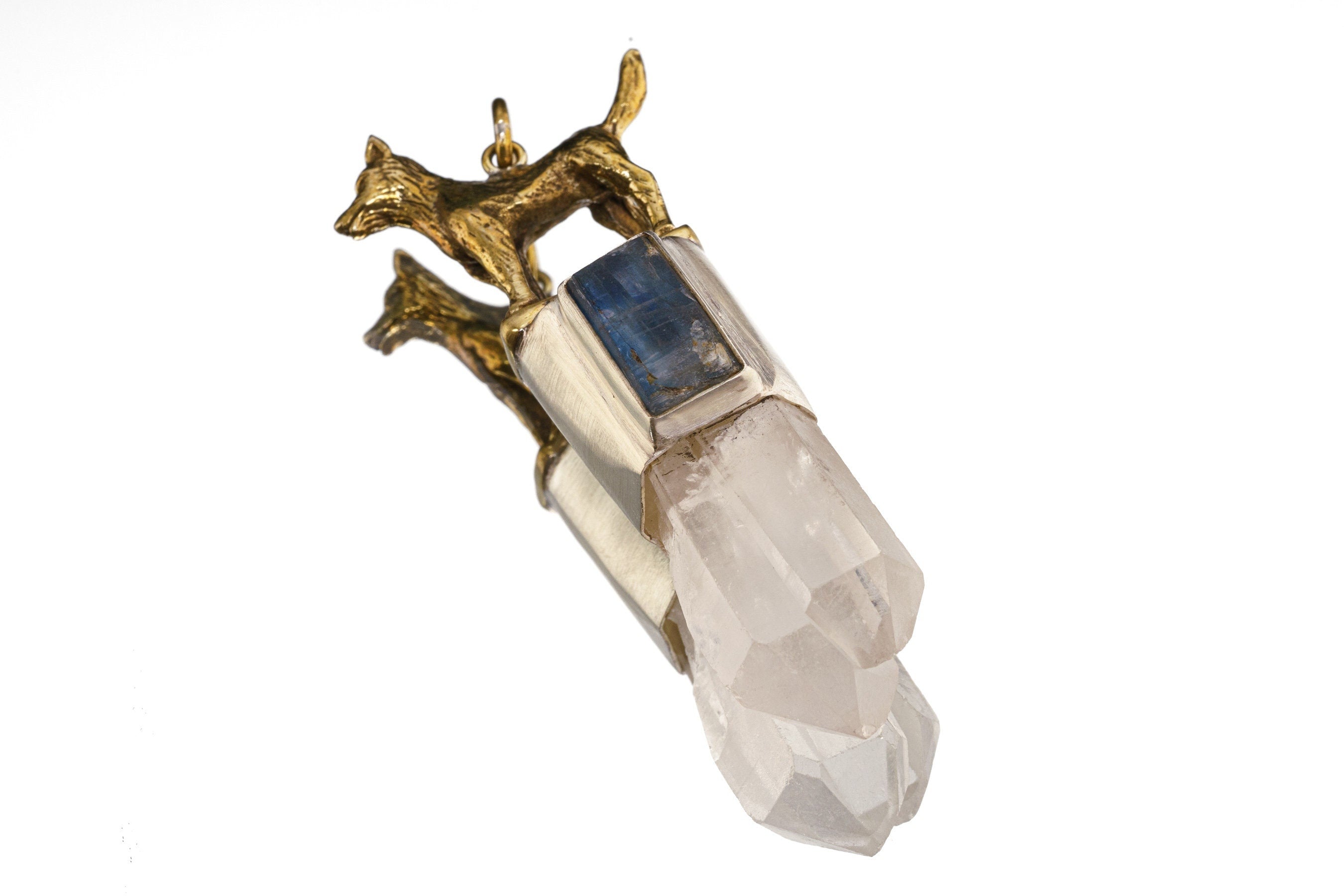 Dog Clear Quartz Kyanite talisman pendant shown on a white background with sterling silver setting and clear crystal point.