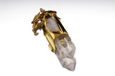 Elephant Clear Quartz Moonstone talisman pendant shown on a white background with handmade sterling silver setting and crystal point.