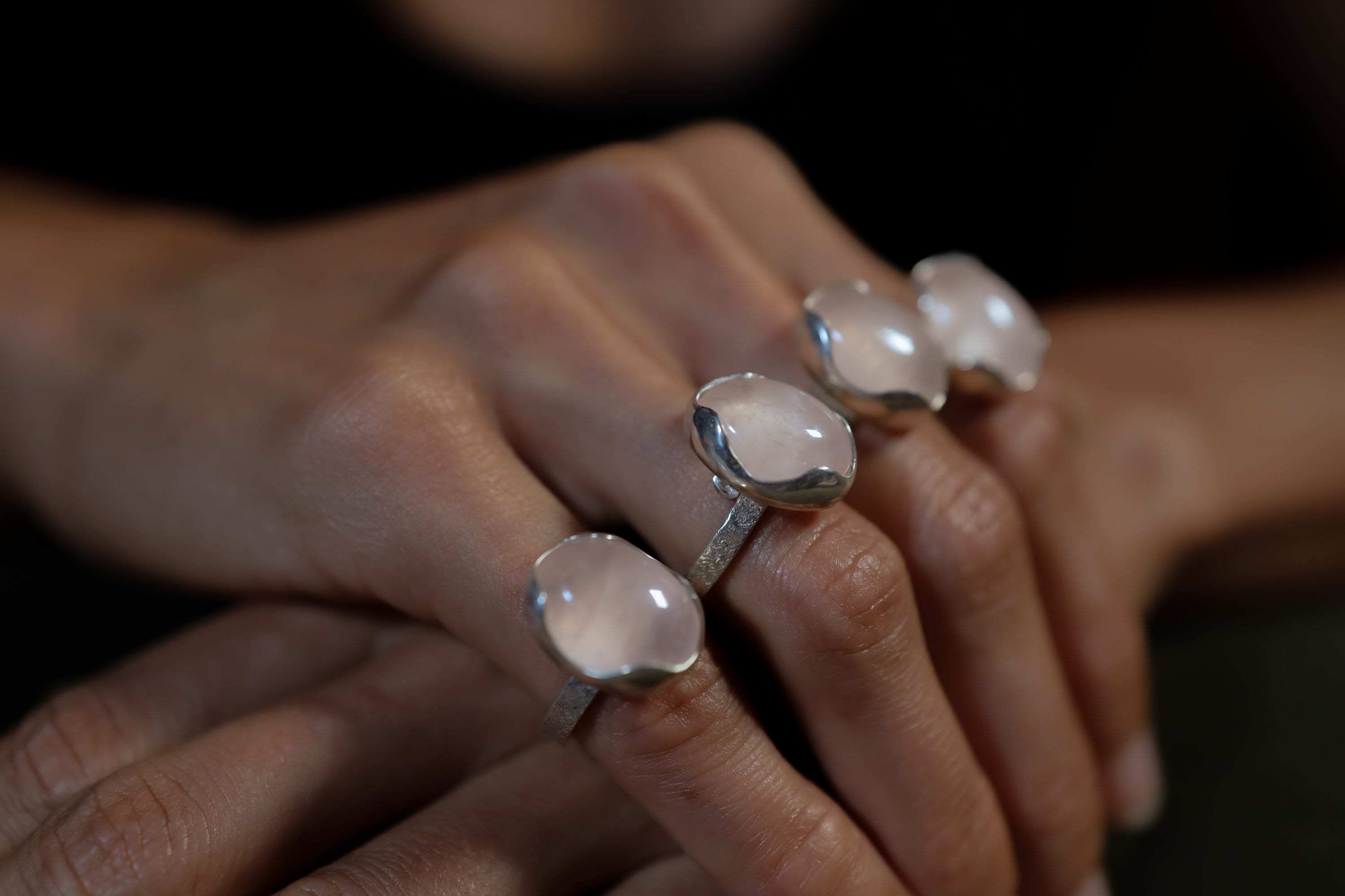 AAA Rose Quartz Ring: Adjustable Sterling Silver, Textured Band (Size 4-10)