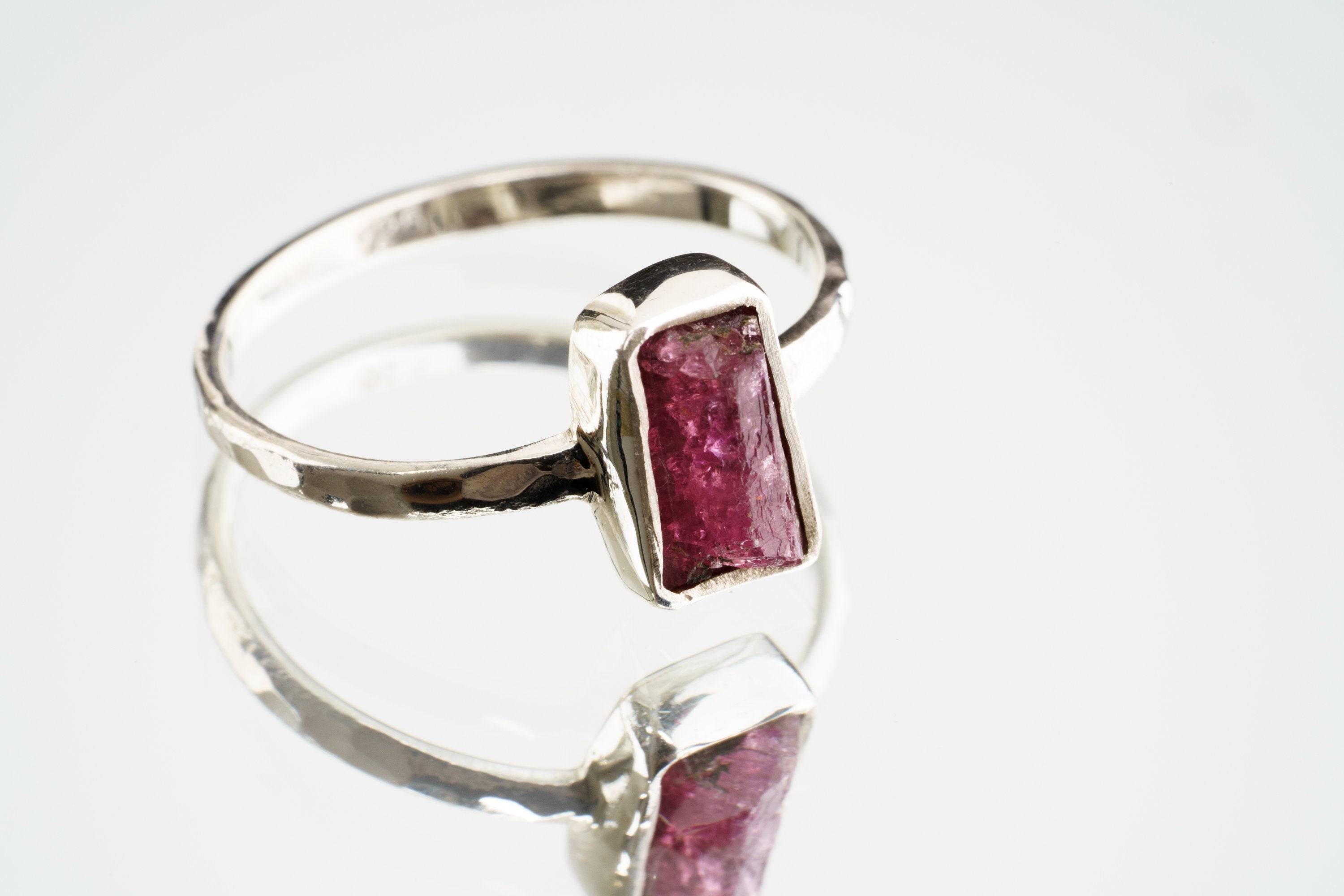 Rubellite Tourmaline Ring: Hammered Sterling Silver Stackable Crystal (Size 4 1/2 US)