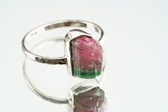 Gemmy Watermelon Tourmaline - Stack Crystal Ring - Size 6 1/2 US - 925 Sterling Silver - Thin Band Hammer Textured