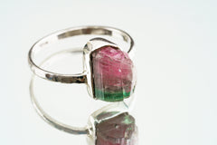 Watermelon Tourmaline Ring: Hammered Sterling Silver, Size 6.5