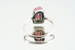Gemmy Watermelon Tourmaline - Stack Crystal Ring - Size 6 1/2 US - 925 Sterling Silver - Thin Band Hammer Textured