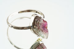 Watermelon Tourmaline Ring: Hammered 925 Sterling Silver, Size 7