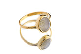 Gold Plated Labradorite Silver Ring shown on white background with warm gold plated band and oval flashing gemstone.