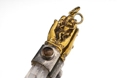 Sun Wukong Buddha Hand talisman shown on a white background with Clear Quartz, Smoky Quartz, and handmade silver detail.