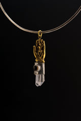 Sun Wukong Buddha Hand Quartz pendant shown worn on a black necklace as a self-mastery and protection charm.