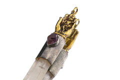 Close-up of Sun Wukong Buddha Hand talisman detail above Clear Quartz and Amethyst in handmade sterling silver.