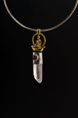 Raft Parable Carnelian Quartz pendant shown on a black background with sterling silver setting and symbolic crystal design.