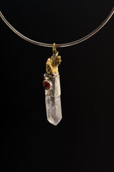 Rooster Carnelian Clear Quartz talisman pendant shown on a black necklace, with symbolic metalwork and clear crystal point.