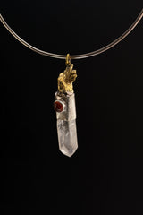 Rooster Carnelian Clear Quartz talisman pendant shown on a black necklace, with symbolic metalwork and clear crystal point.